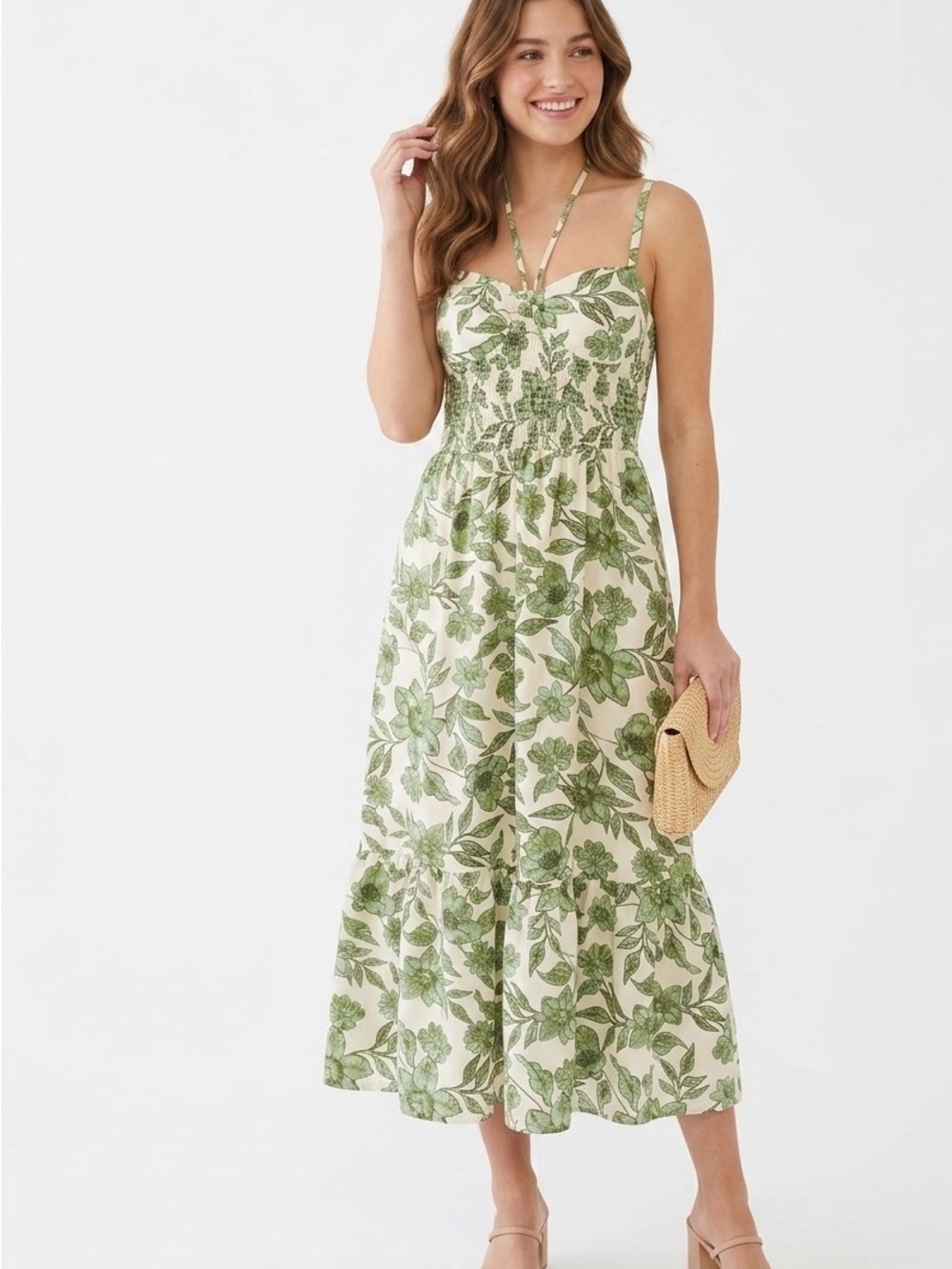 Indulge in Style $48 Green Floral Smocked Midi Dress M Boho